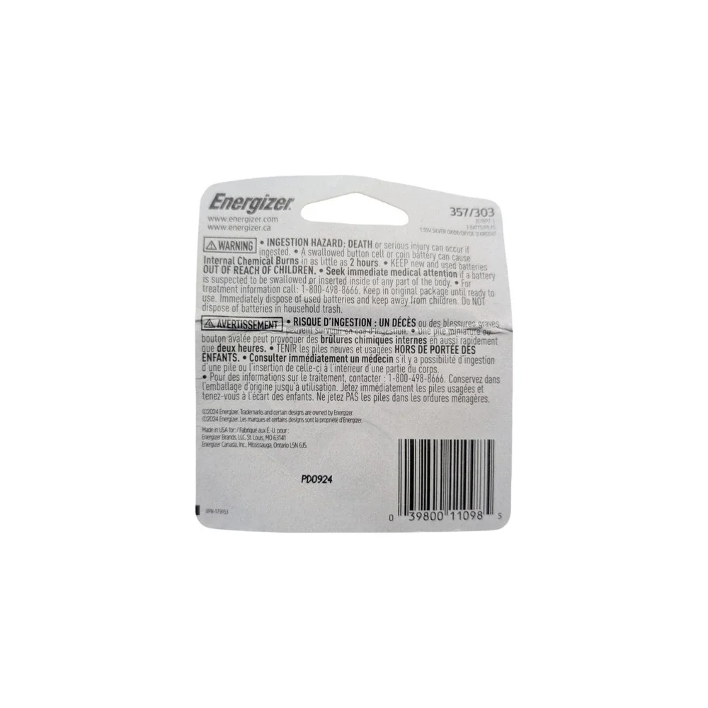 Energizer 357 / 303 - 1.55 V - 3 Pack Battery -‎ Exp 2030